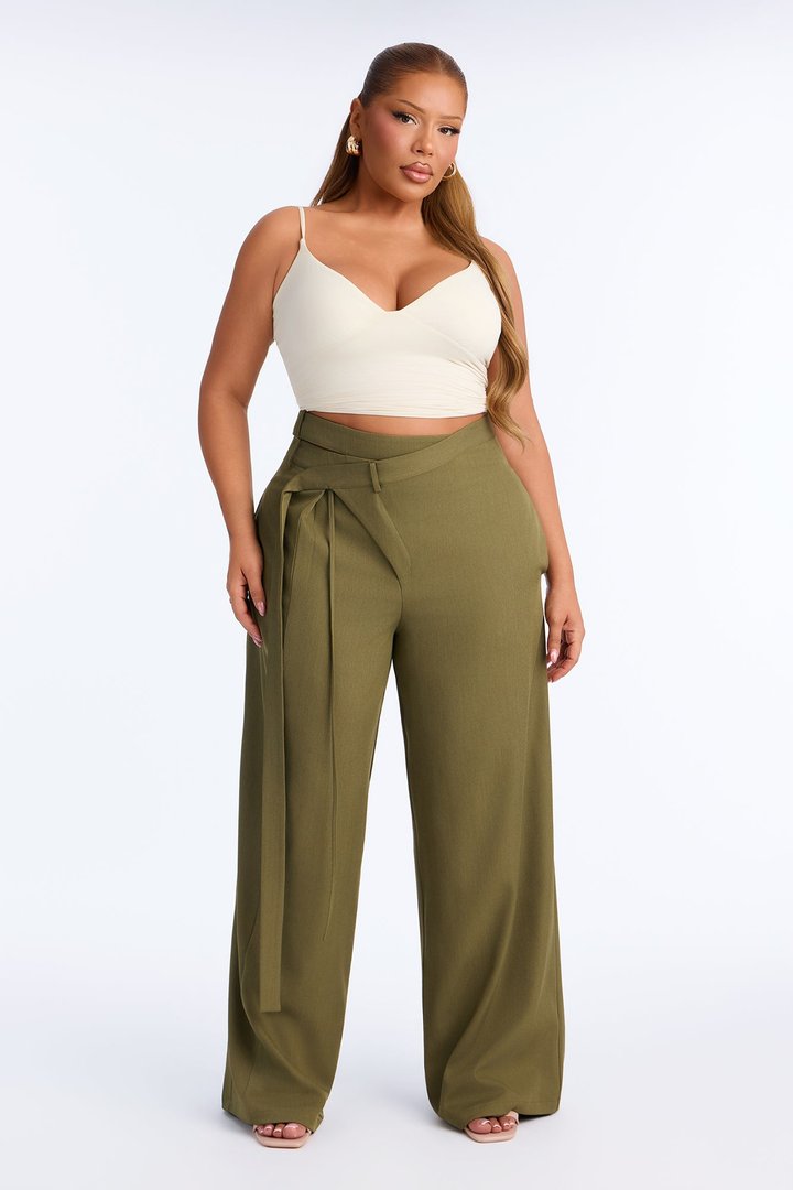 All Wrapped Up Cutout Wide Leg Trousers - Olive