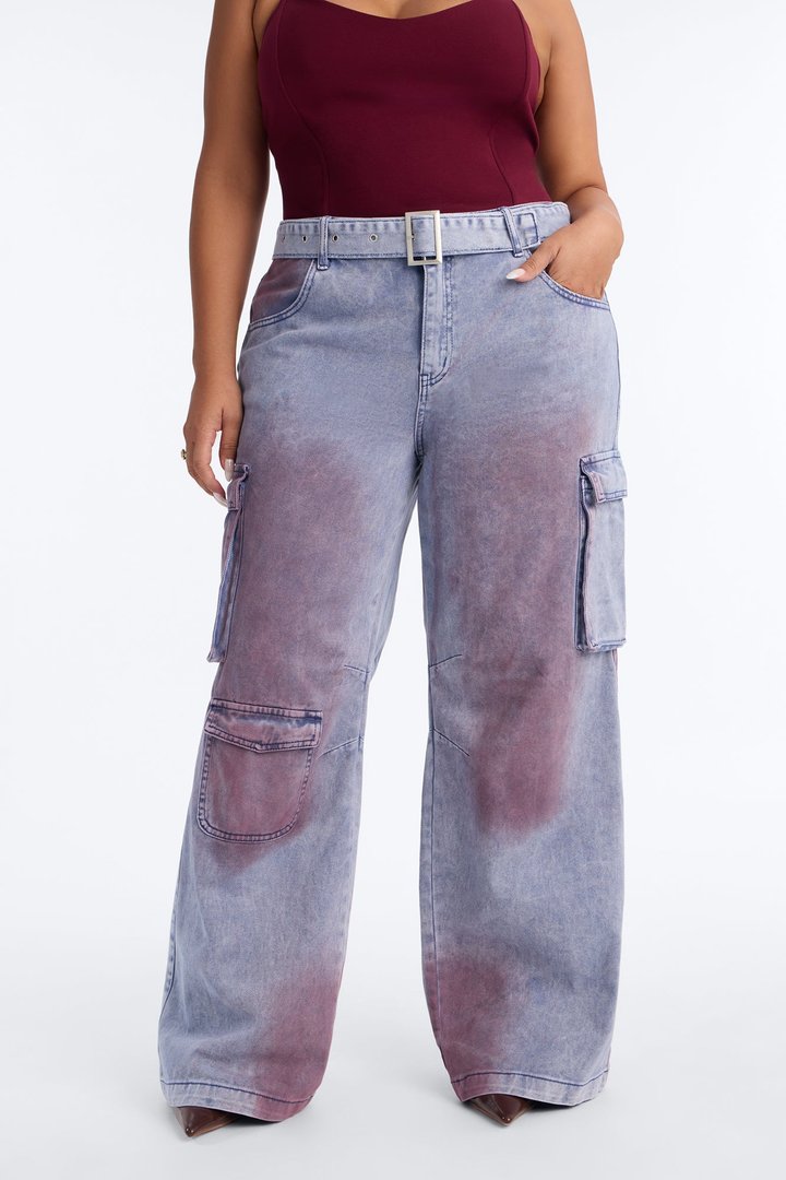 Step Out Mid Rise Washed Belted Cargo Pants - Blue