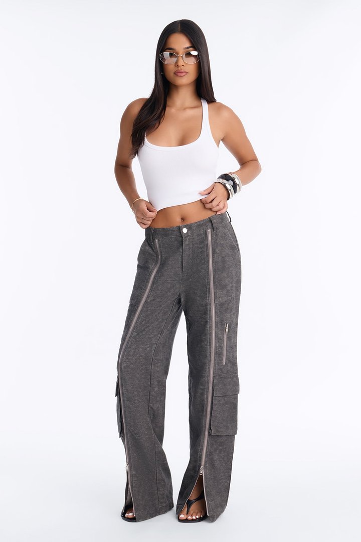 Jordyn Low Rise Washed Zipper Wide Leg Pant - Charcoal