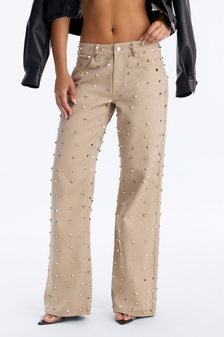 Carmen Mid Rise Studded Wide Leg Pant - Beige