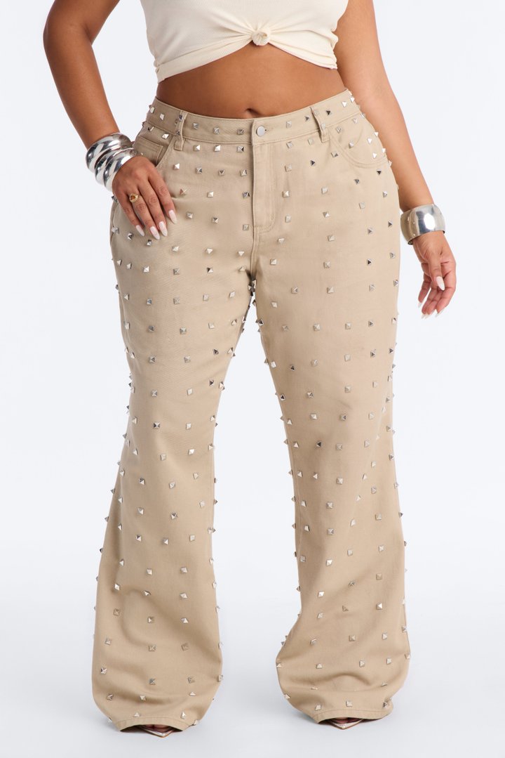 Carmen Mid Rise Studded Wide Leg Pant - Beige