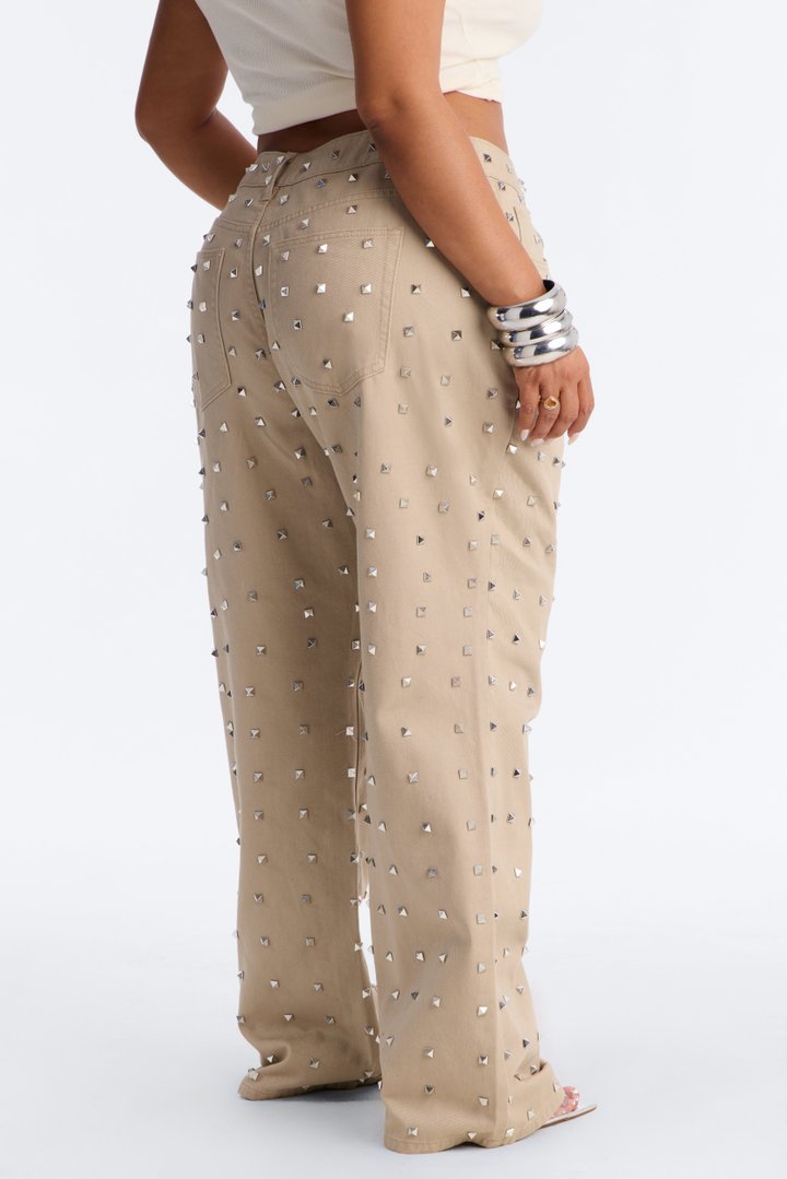 Carmen Mid Rise Studded Wide Leg Pant - Beige