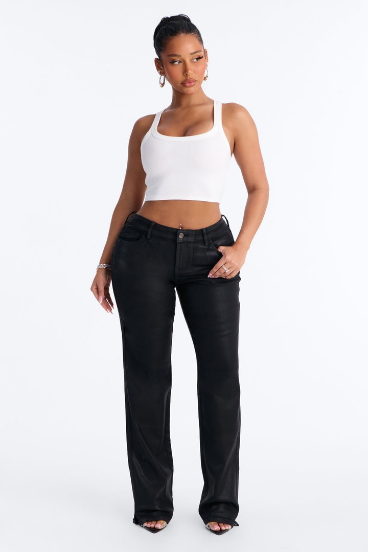 Candice Coated Low Rise Split Hem Skinny Pant - Black
