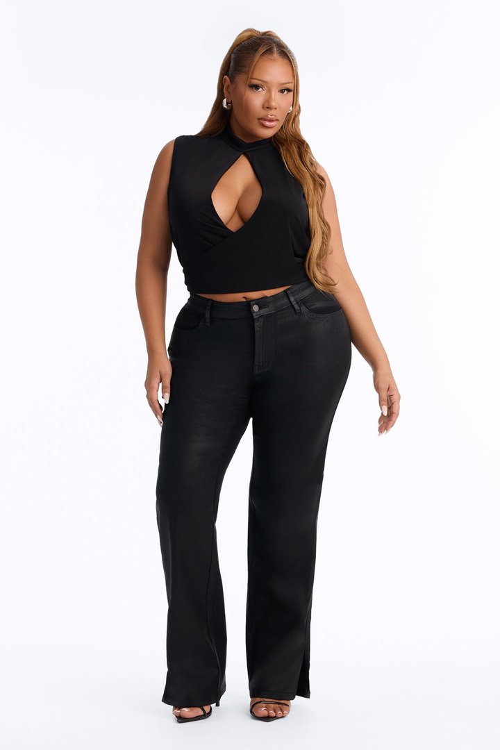 Candice Coated Low Rise Split Hem Skinny Pant - Black