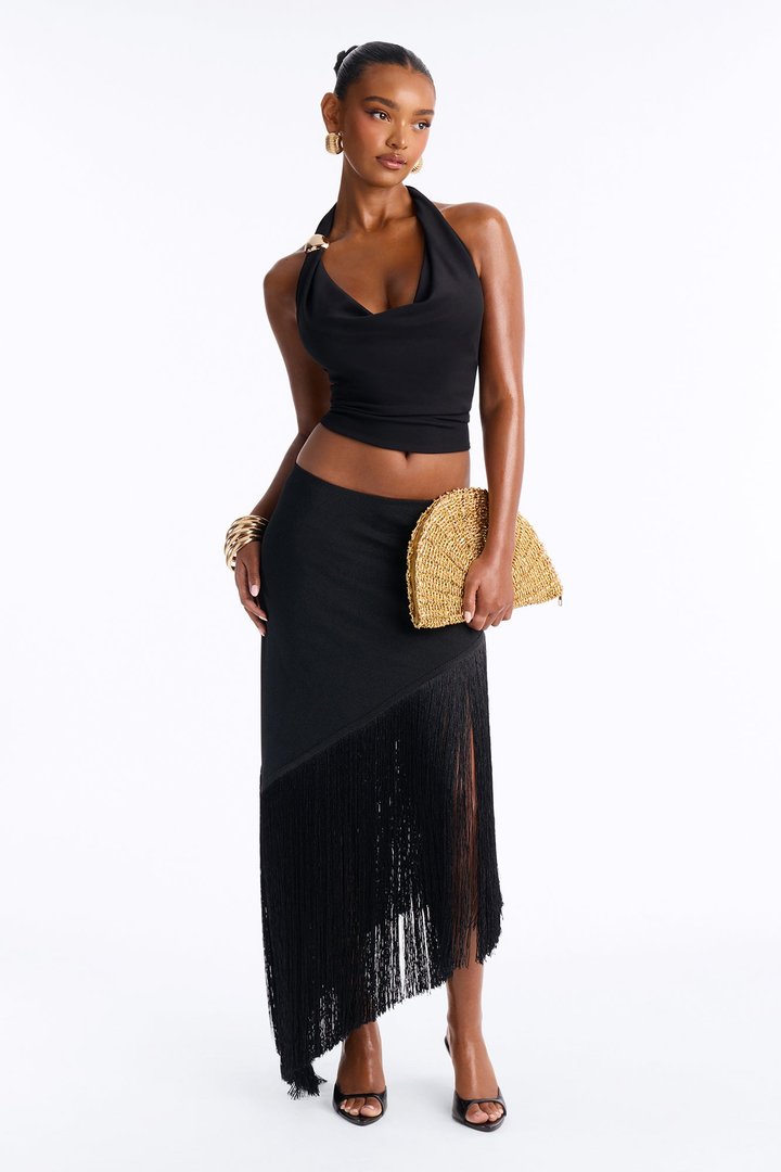 Somewhere Tropical Metallic Knit Fringe Midi Skirt - Black