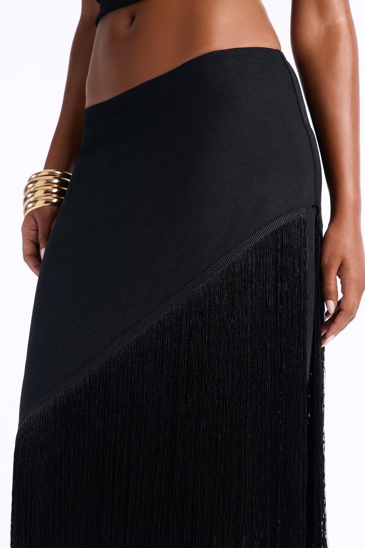 Somewhere Tropical Metallic Knit Fringe Midi Skirt - Black