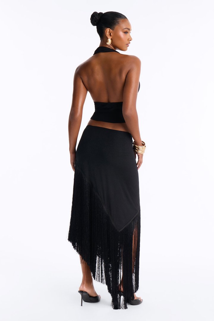 Somewhere Tropical Metallic Knit Fringe Midi Skirt - Black