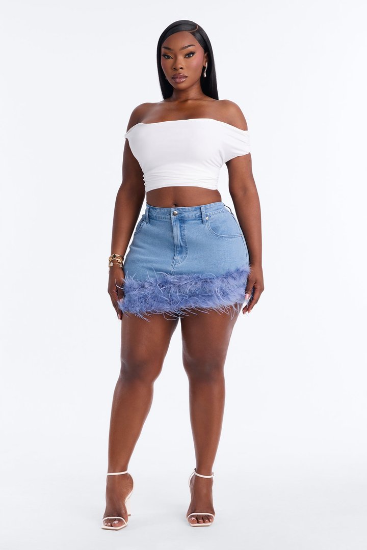 Tessa Asymmetrical Feather Trim Denim Mini Skirt - Light Blue Wash