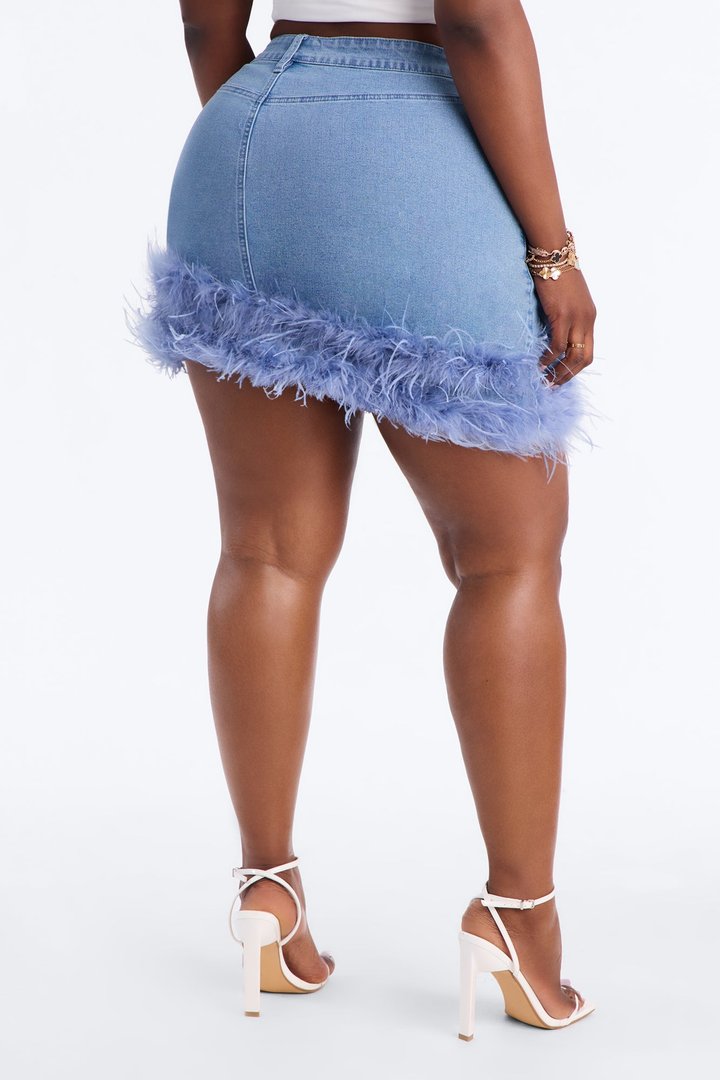 Tessa Asymmetrical Feather Trim Denim Mini Skirt - Light Blue Wash