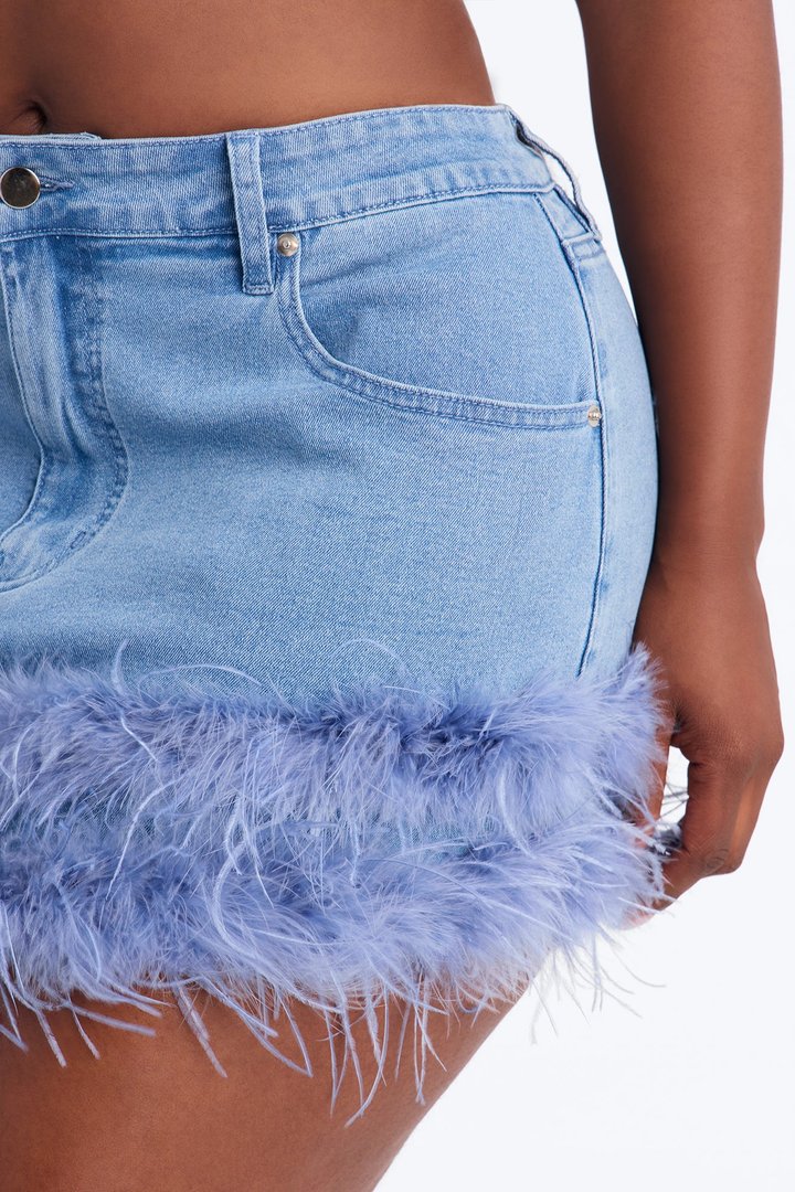 Tessa Asymmetrical Feather Trim Denim Mini Skirt - Light Blue Wash