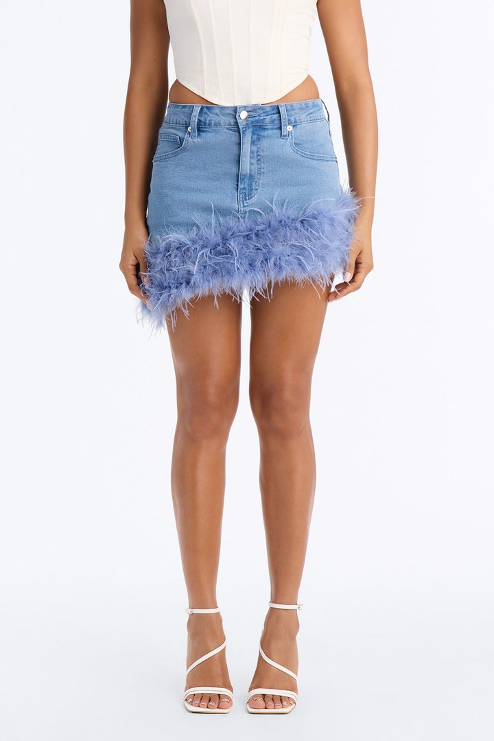 Tessa Asymmetrical Feather Trim Denim Mini Skirt - Light Blue Wash
