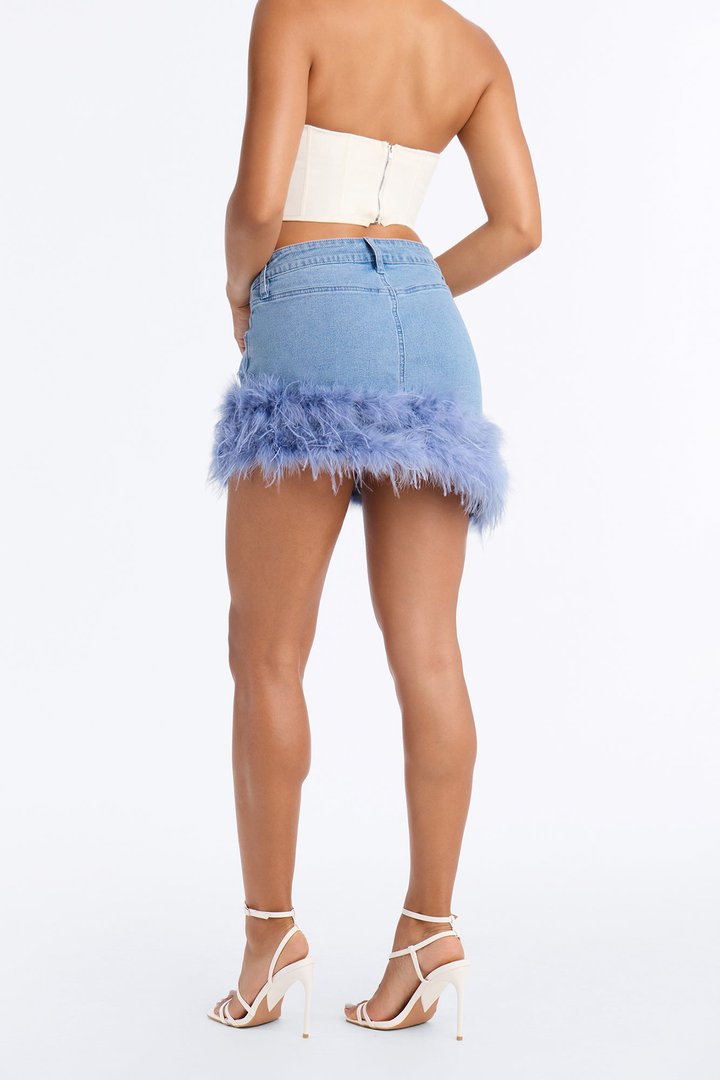 Tessa Asymmetrical Feather Trim Denim Mini Skirt - Light Blue Wash