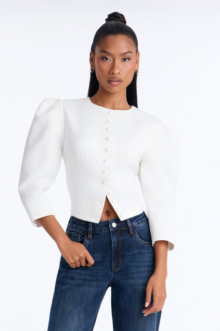 Melania Button Front Puff Sleeve Satin Jacket - Ivory