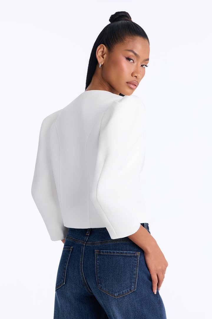 Melania Button Front Puff Sleeve Satin Jacket - Ivory