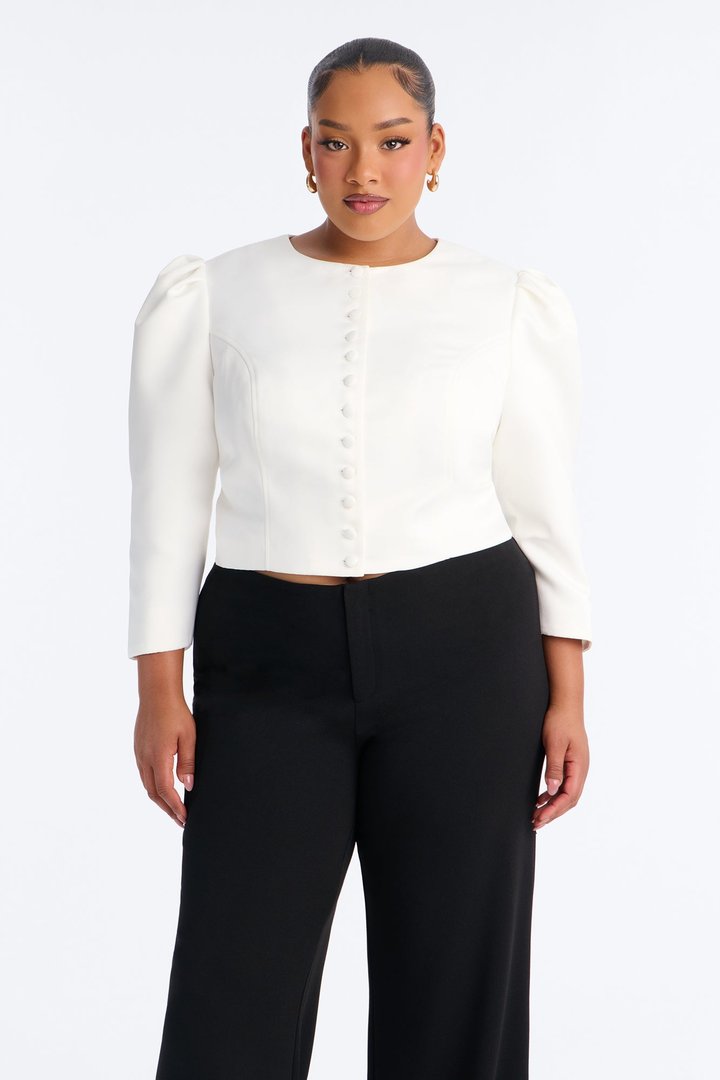 Melania Button Front Puff Sleeve Satin Jacket - Ivory