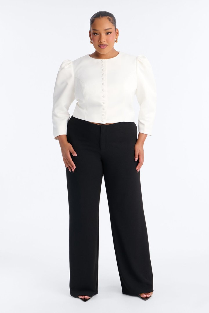 Melania Button Front Puff Sleeve Satin Jacket - Ivory