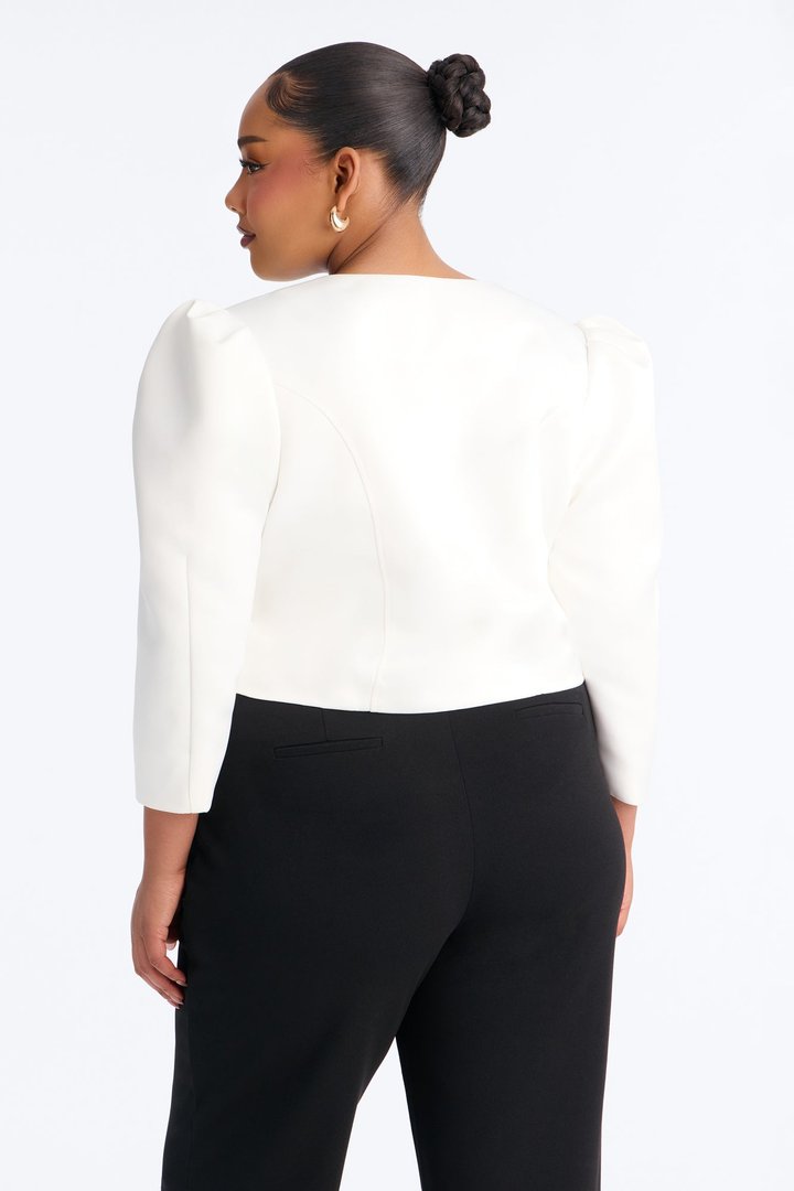 Melania Button Front Puff Sleeve Satin Jacket - Ivory