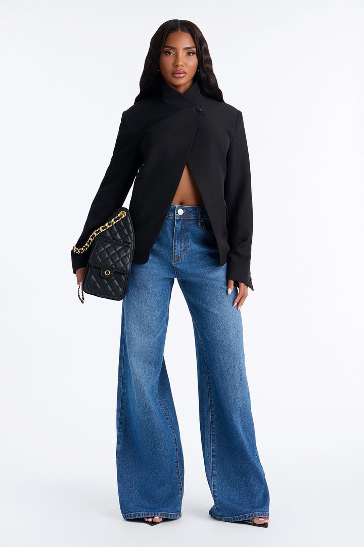 Gianna Cross Front High Collar Open Blazer - Black