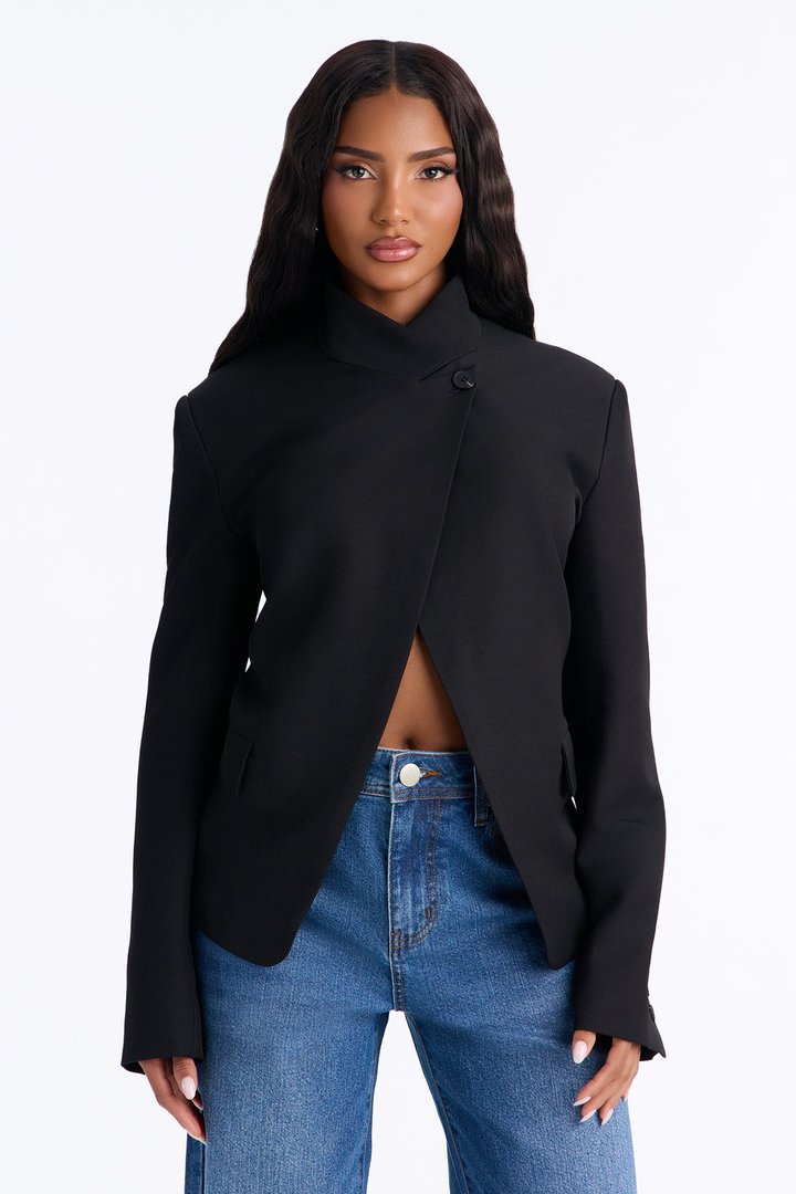 Gianna Cross Front High Collar Open Blazer - Black