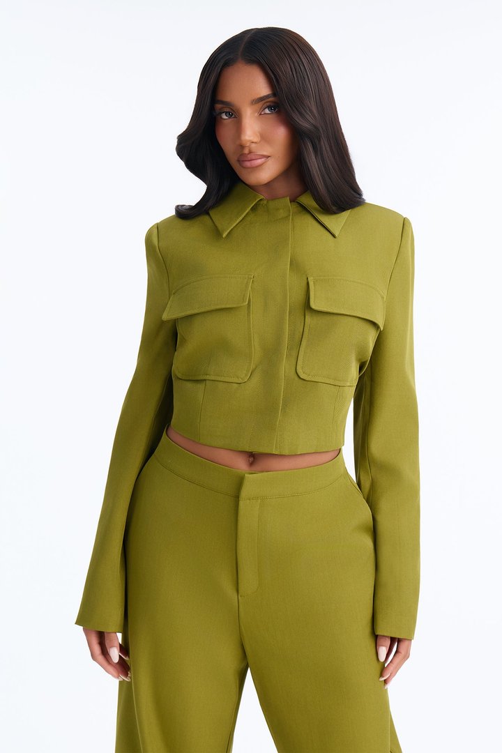Naomi Boxy Cropped Notch Collar Pocket Blazer - Chartreuse