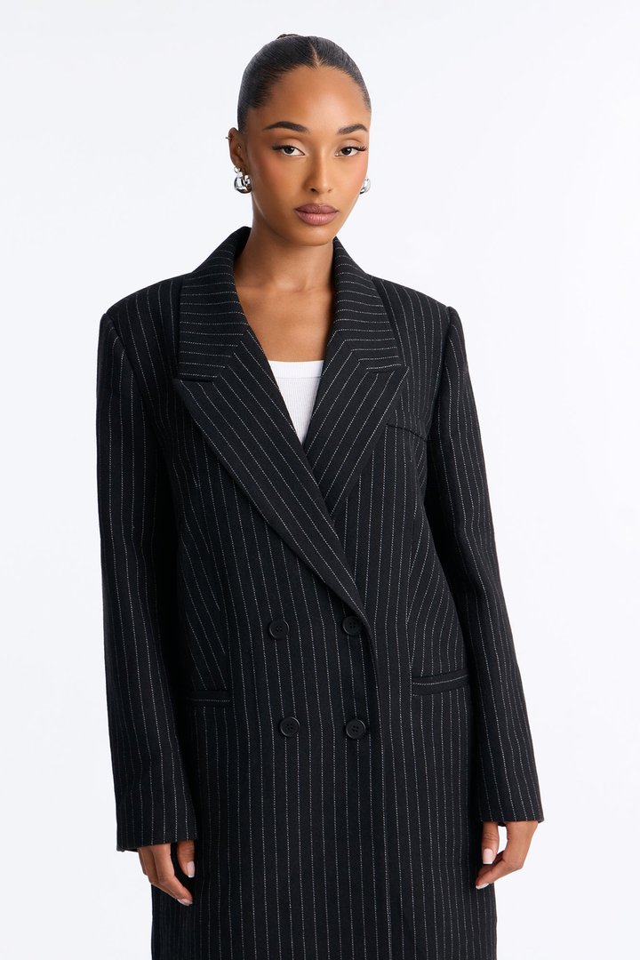 Harper Double Breasted Pinstripe Wool Maxi Coat - Black/combo