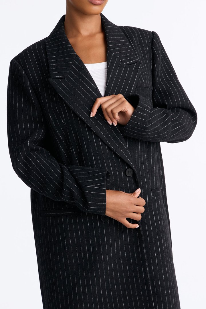 Harper Double Breasted Pinstripe Wool Maxi Coat - Black/combo