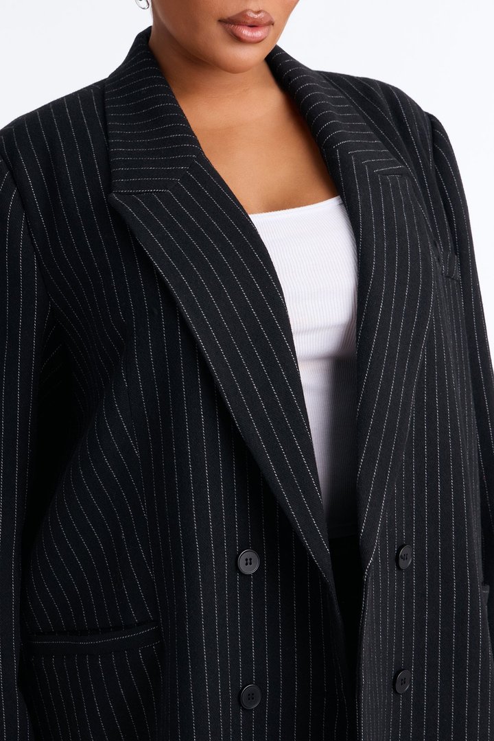 Harper Double Breasted Pinstripe Wool Maxi Coat - Black/combo