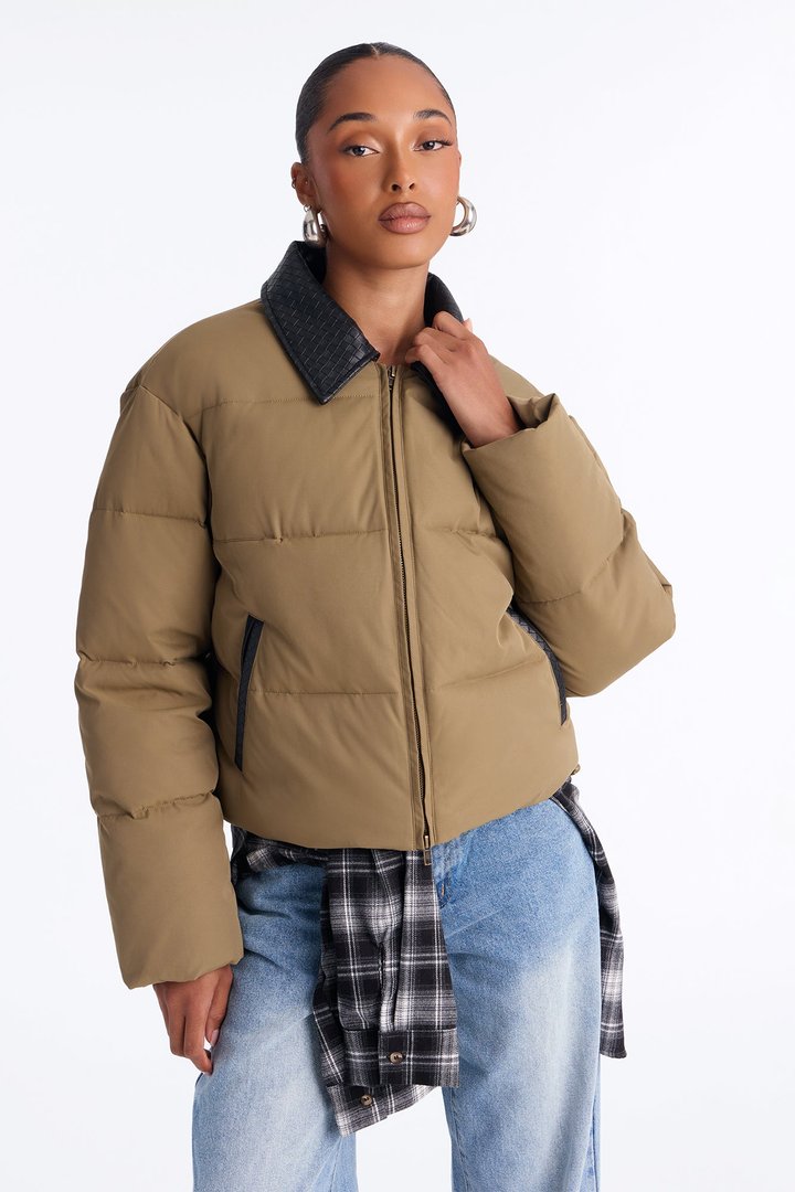 Staying Chic Contrast Collar Elastic Hem Puffer - Olive/combo