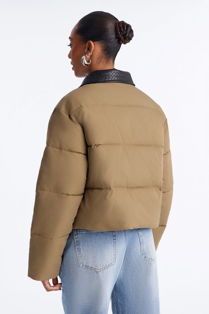 Staying Chic Contrast Collar Elastic Hem Puffer - Olive/combo