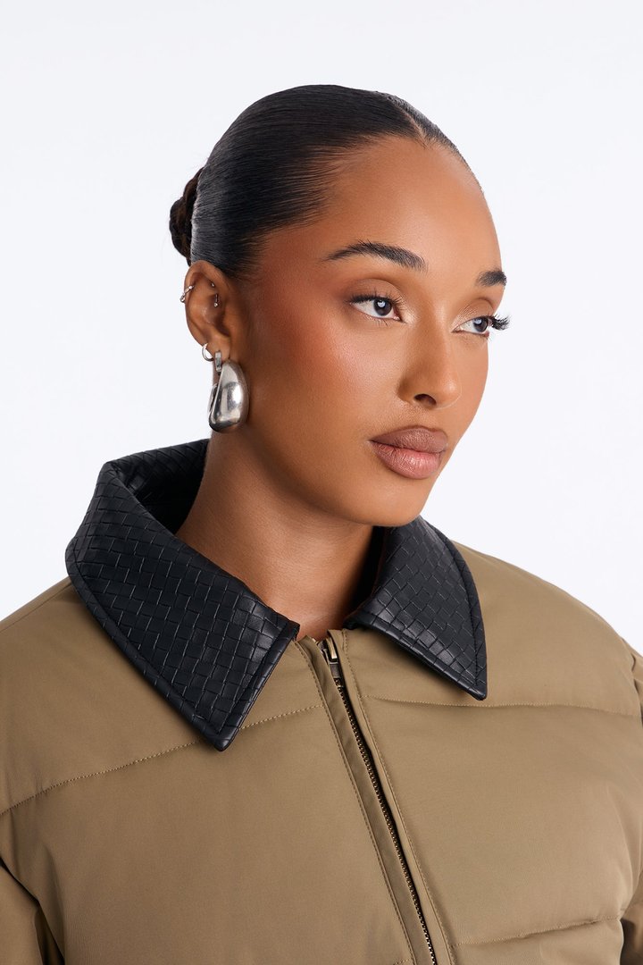 Staying Chic Contrast Collar Elastic Hem Puffer - Olive/combo