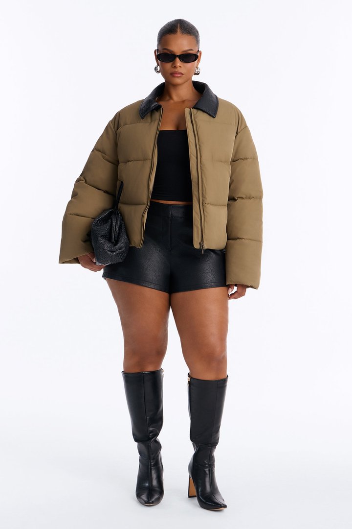 Staying Chic Contrast Collar Elastic Hem Puffer - Olive/combo