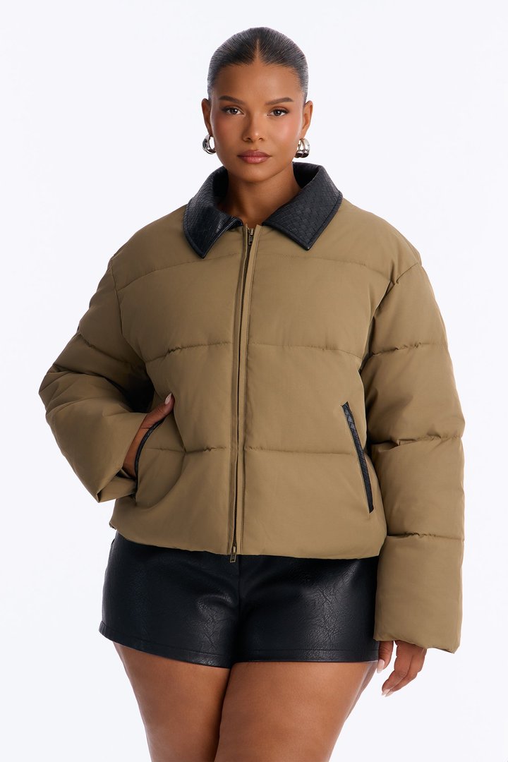 Staying Chic Contrast Collar Elastic Hem Puffer - Olive/combo