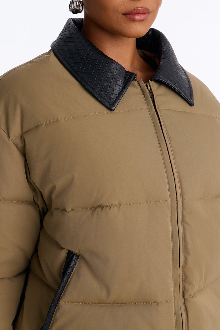 Staying Chic Contrast Collar Elastic Hem Puffer - Olive/combo