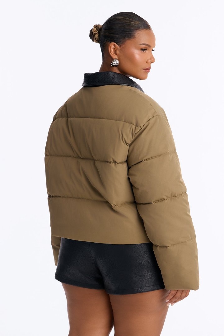 Staying Chic Contrast Collar Elastic Hem Puffer - Olive/combo