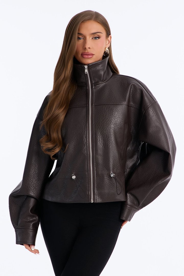 Ava Faux Leather Funnel Neck Cinched Waist Bomber - Brown