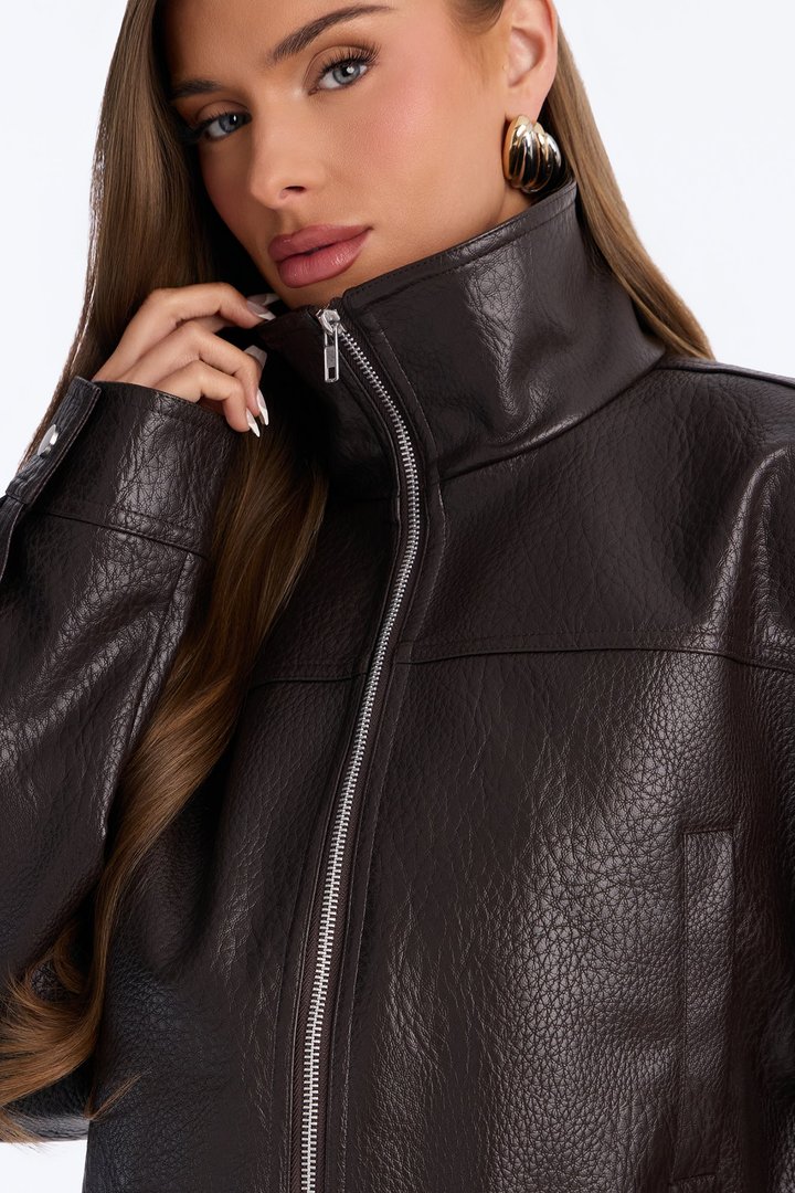 Ava Faux Leather Funnel Neck Cinched Waist Bomber - Brown