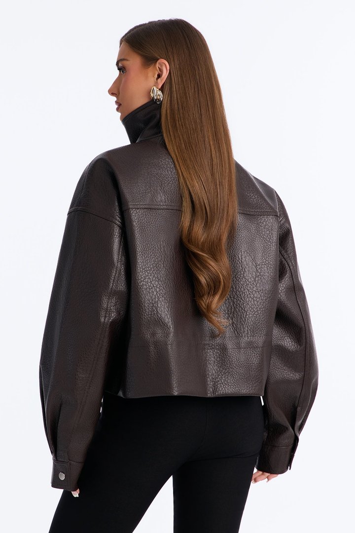 Ava Faux Leather Funnel Neck Cinched Waist Bomber - Brown