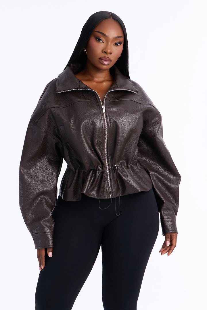 Ava Faux Leather Funnel Neck Cinched Waist Bomber - Brown