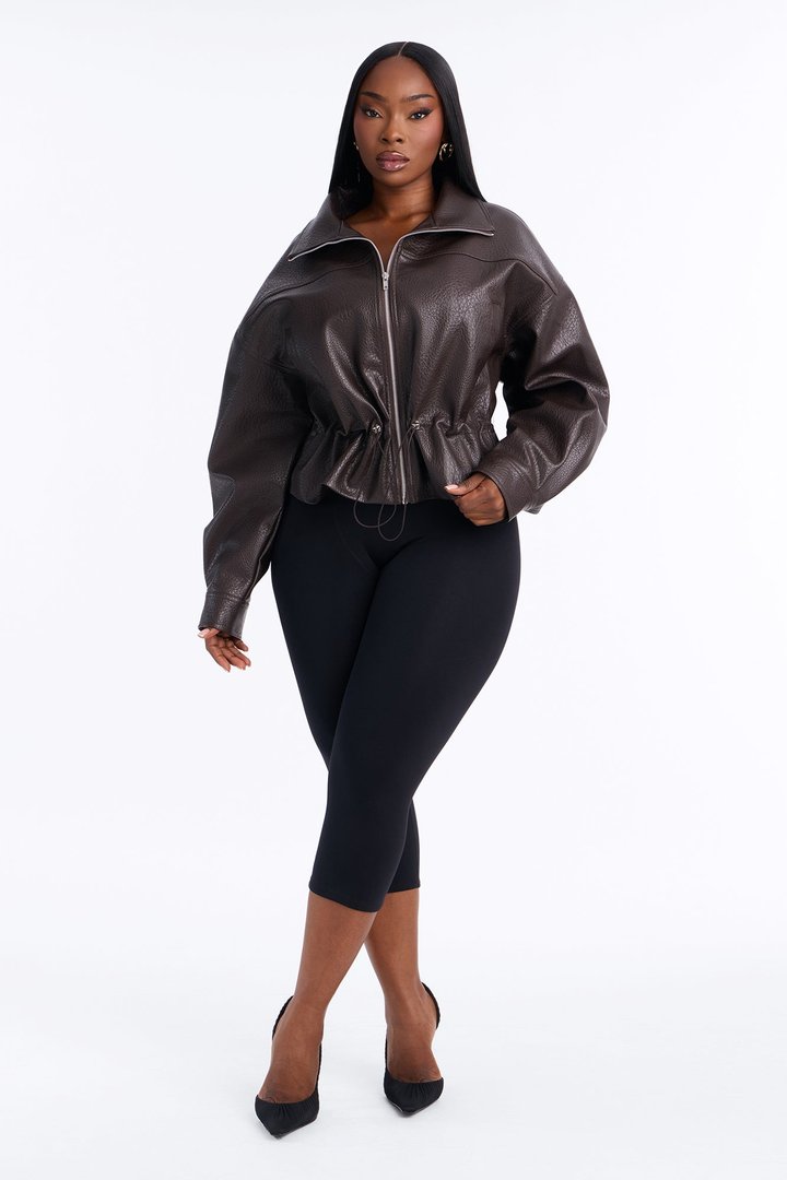 Ava Faux Leather Funnel Neck Cinched Waist Bomber - Brown