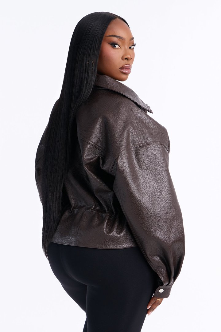 Ava Faux Leather Funnel Neck Cinched Waist Bomber - Brown