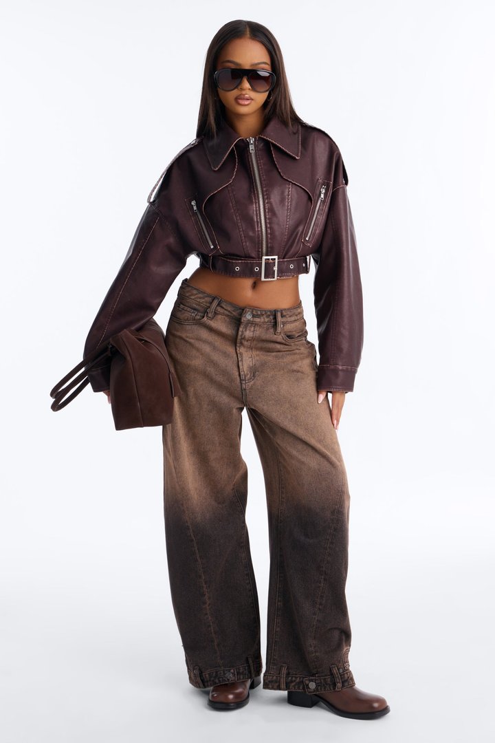 Megan Washed Faux Leather Belted Moto Jacket - Chestnut