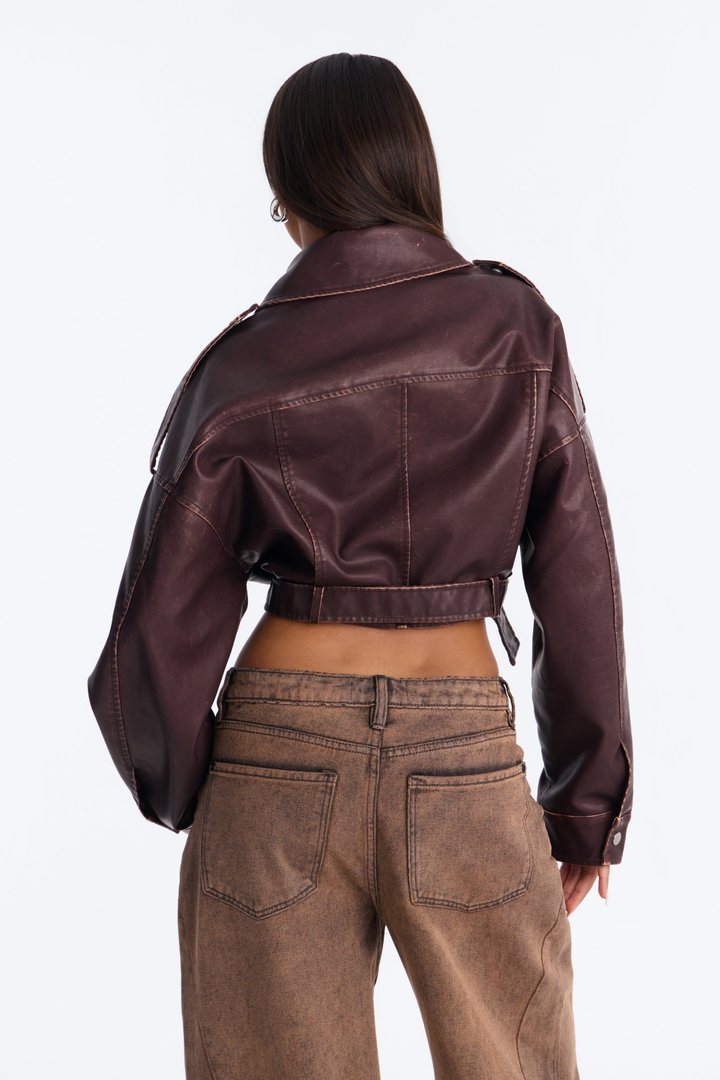 Megan Washed Faux Leather Belted Moto Jacket - Chestnut