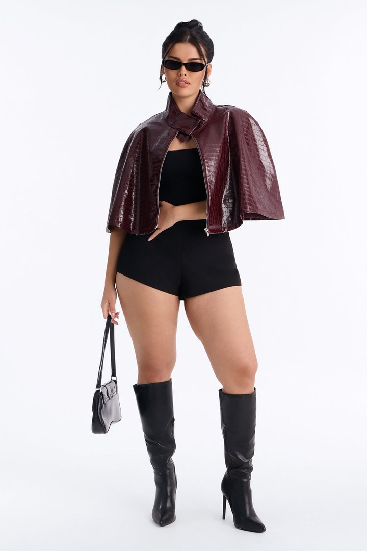 Midnight Funnel Neck Croc Cape - Burgundy