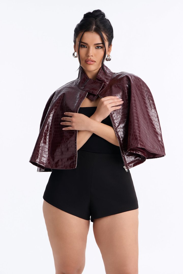Midnight Funnel Neck Croc Cape - Burgundy