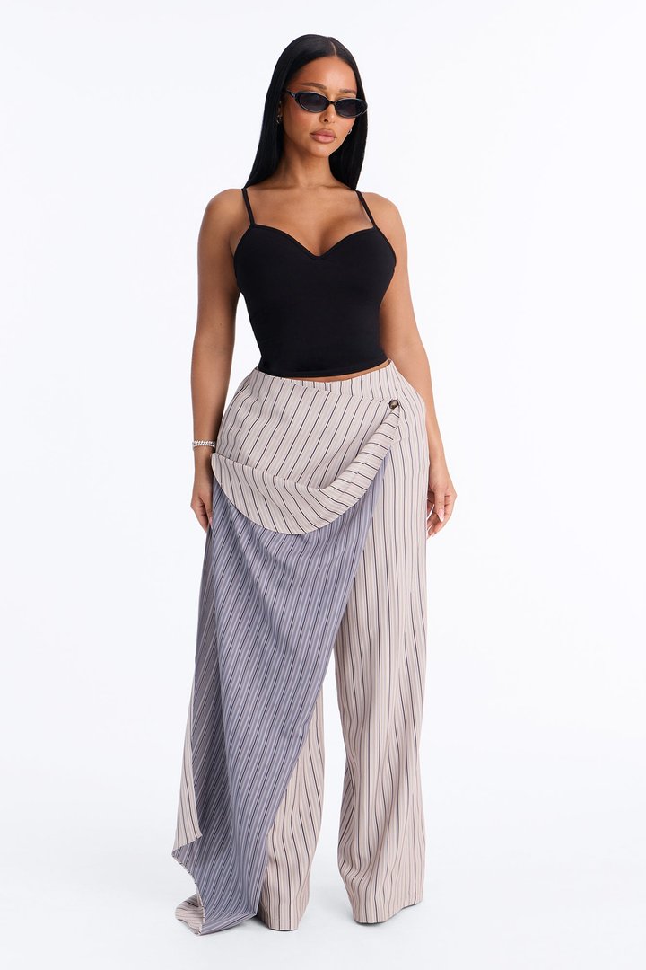 Daisy Draped Layered Pinstripe Wide Leg Trouser - Taupe/combo