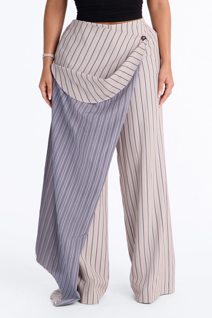 Daisy Draped Layered Pinstripe Wide Leg Trouser - Taupe/combo