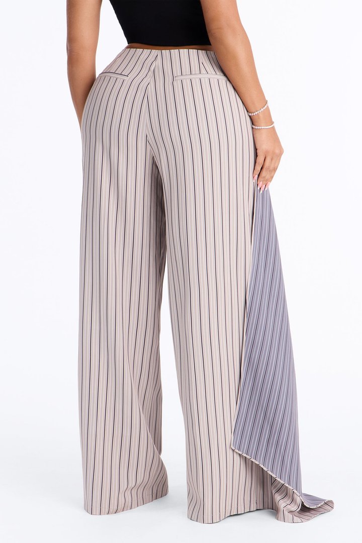 Daisy Draped Layered Pinstripe Wide Leg Trouser - Taupe/combo