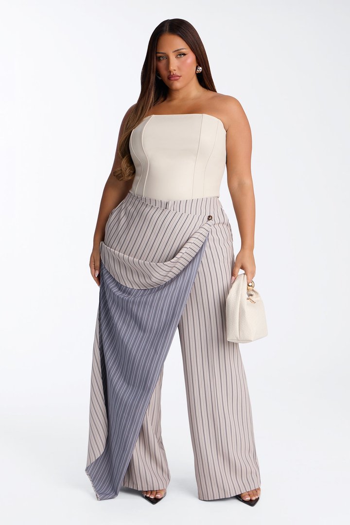 Daisy Draped Layered Pinstripe Wide Leg Trouser - Taupe/combo
