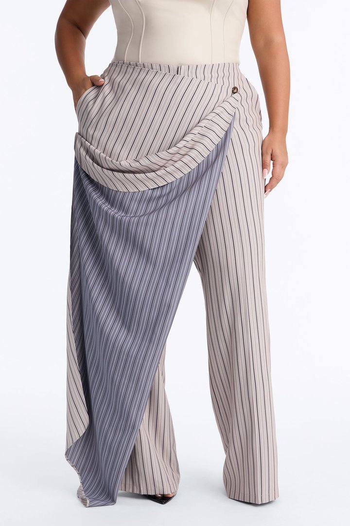Daisy Draped Layered Pinstripe Wide Leg Trouser - Taupe/combo
