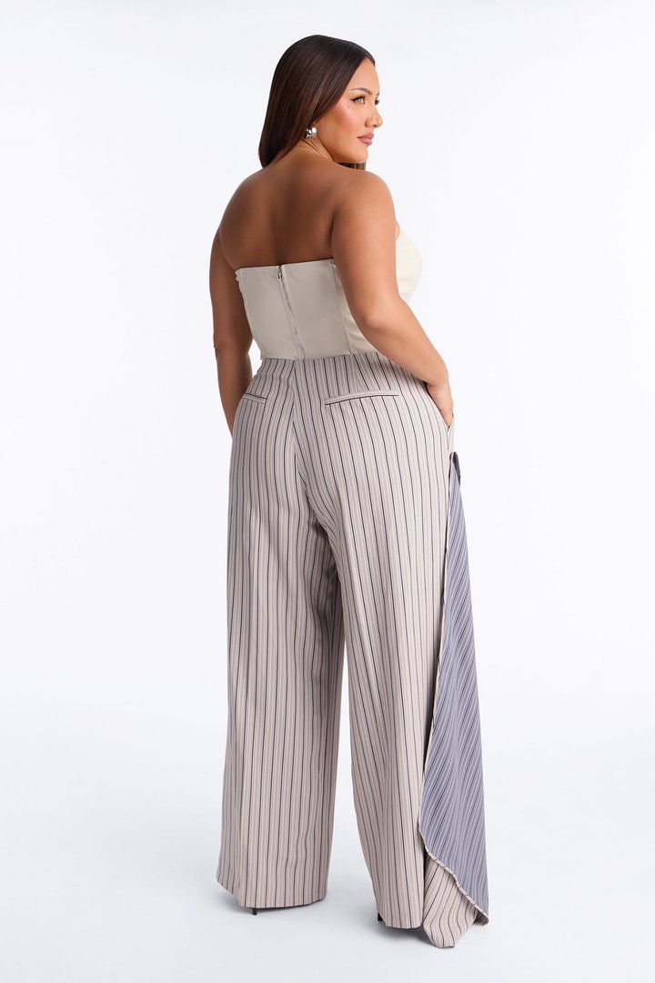 Daisy Draped Layered Pinstripe Wide Leg Trouser - Taupe/combo